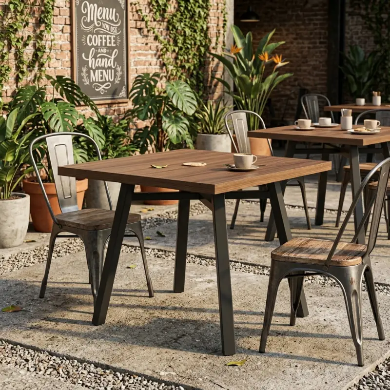 Meja Cafe Industrial Top Kayu Kaki Besi A-Frame [2]