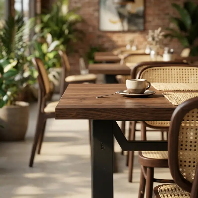 Meja Cafe Industrial Top Kayu Kaki Besi Trapesium [2]