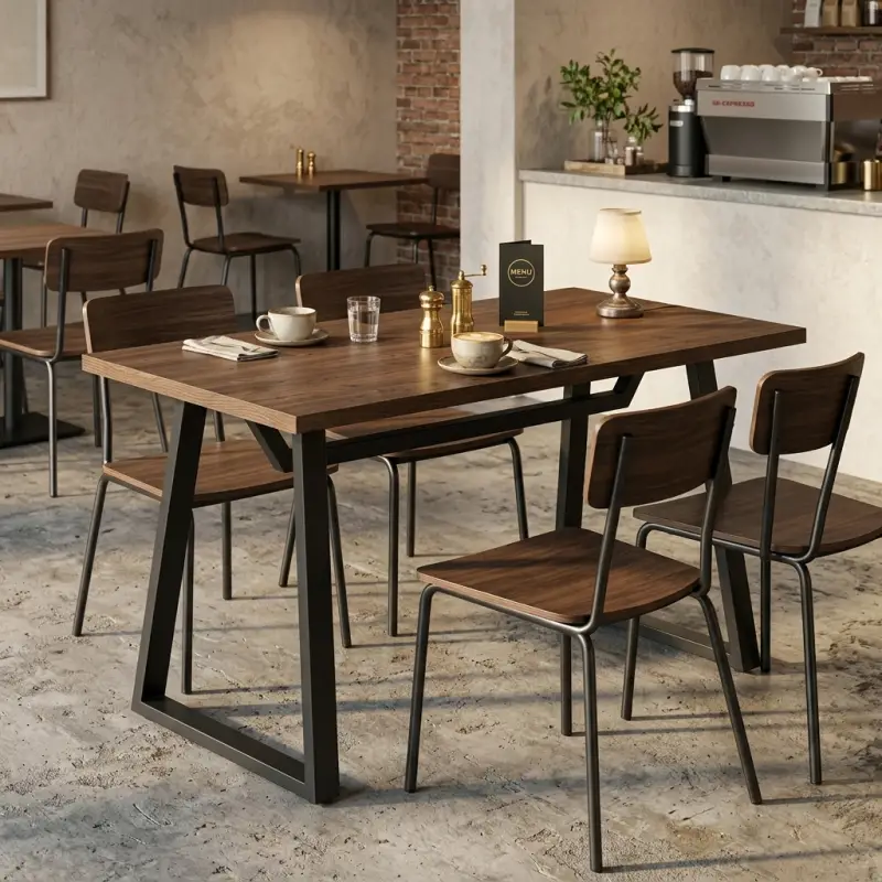 Meja Cafe Industrial Top Kayu Kaki Besi Trapesium [4]