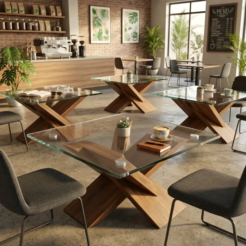 Meja Cafe Kaki Silang Kayu Top Kaca Bening [2]