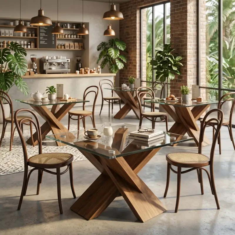 Meja Cafe Kaki Silang Kayu Top Kaca Bening [3]