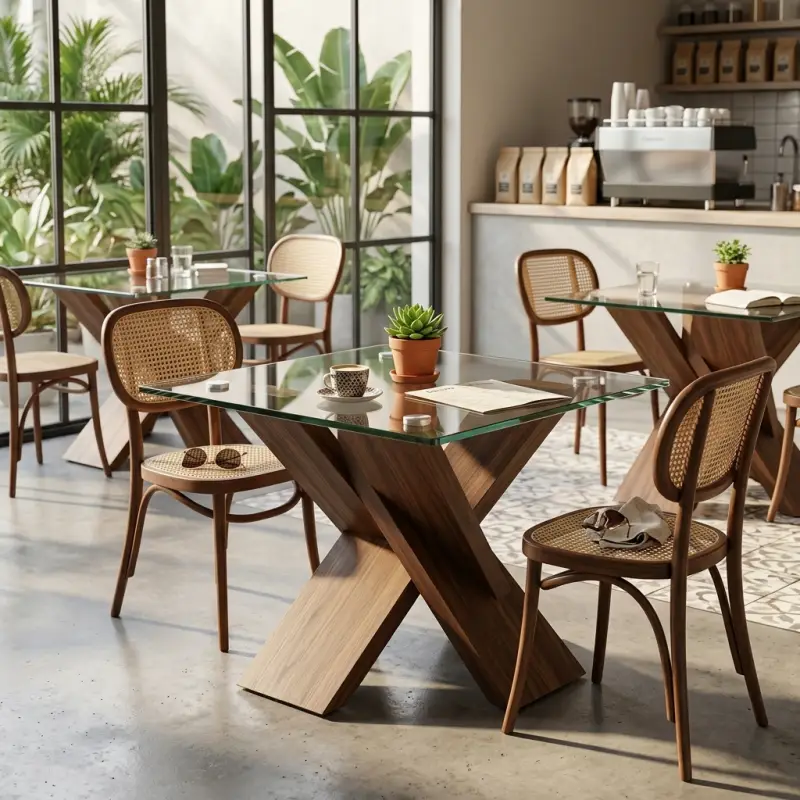 Meja Cafe Kaki Silang Kayu Top Kaca Bening [4]