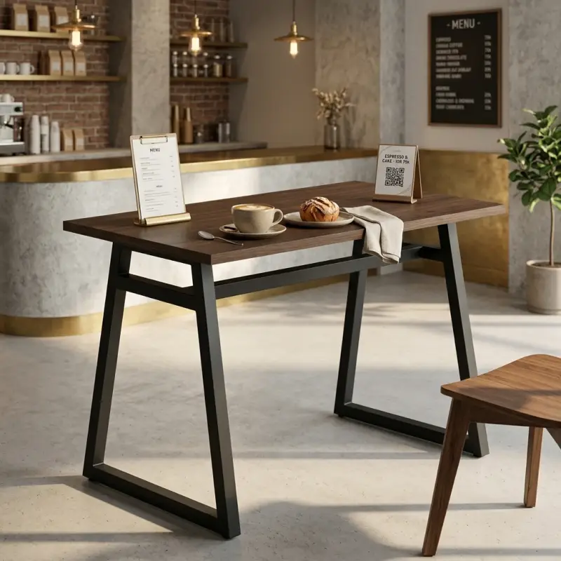 Meja Cafe Kaki Trapesium Metal Top Kayu Industrial [2]