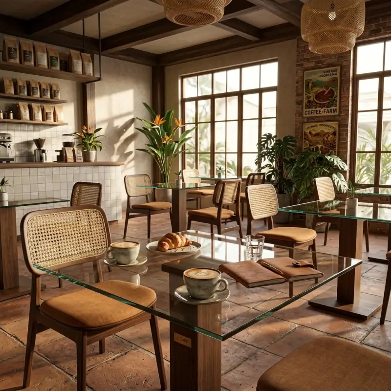 Meja Cafe Kaki Tunggal Top Kaca Rangka Kayu [2]