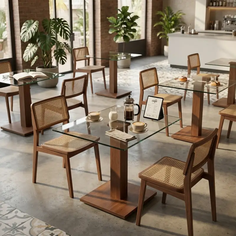 Meja Cafe Kaki Tunggal Top Kaca Rangka Kayu [3]