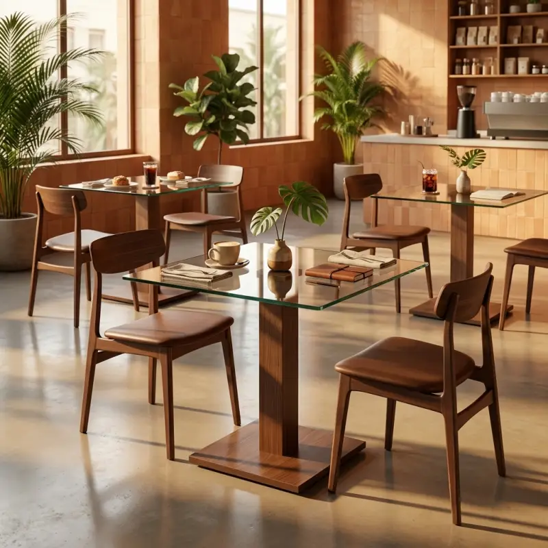 Meja Cafe Kaki Tunggal Top Kaca Rangka Kayu [4]