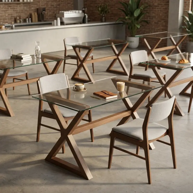 Meja Cafe Kaki X Kayu Top Kaca Transparan [5]