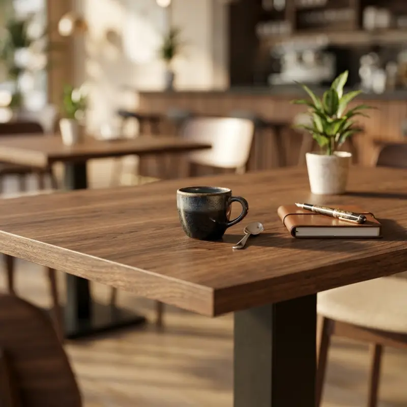 Meja Cafe Kayu Top Kaki Besi Single Pedestal [3]