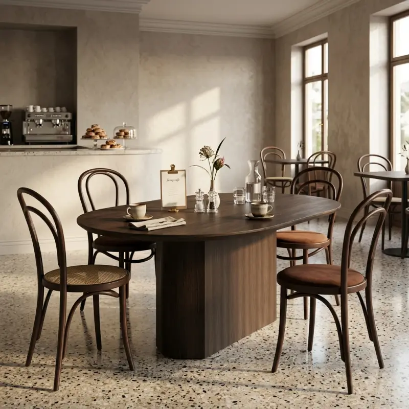 Meja Cafe Oval Top Pedestal Base Kayu Dark Walnut [5]