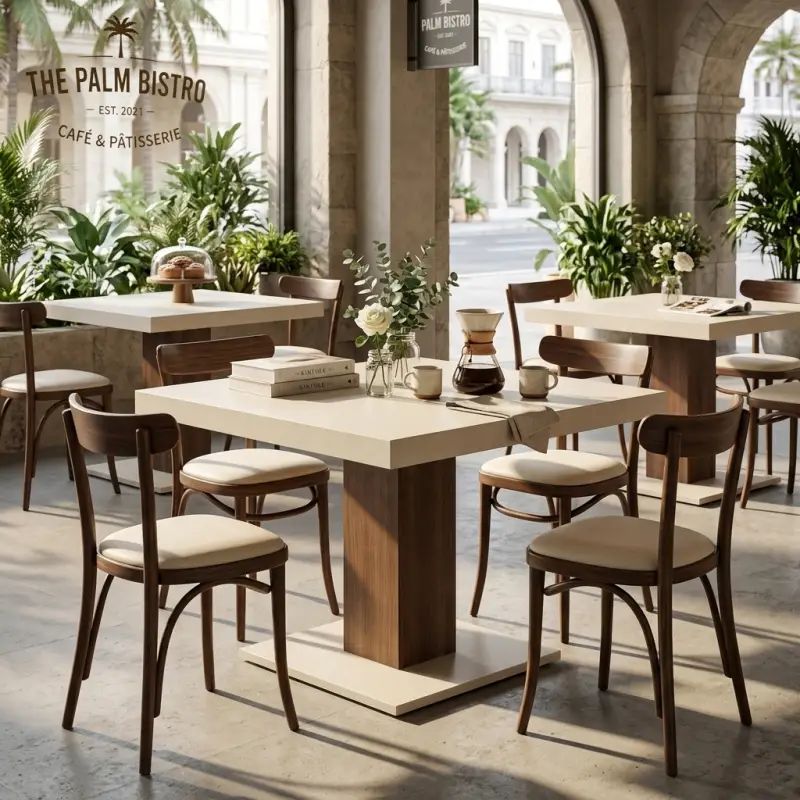 Meja Cafe Pedestal Top Microcement Kaki Kayu Solid [2]