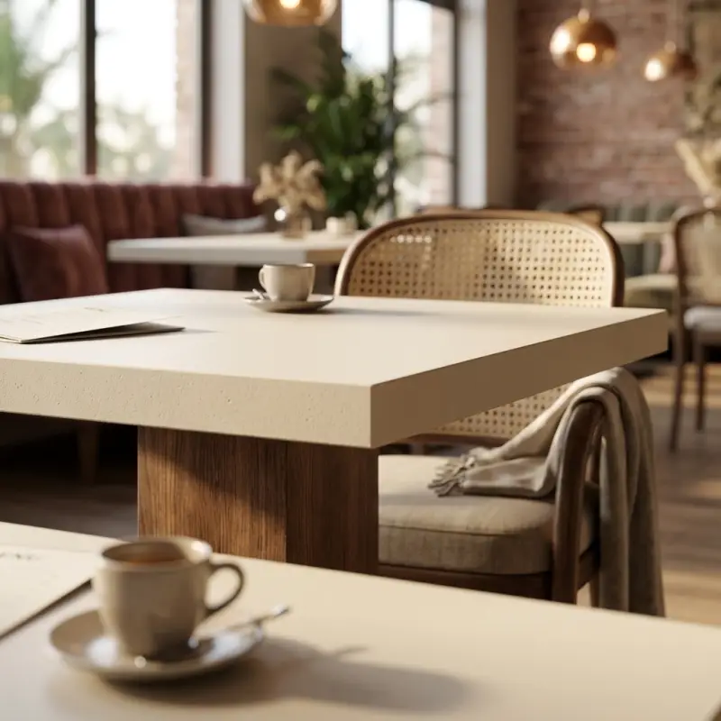 Meja Cafe Pedestal Top Microcement Kaki Kayu Solid [3]
