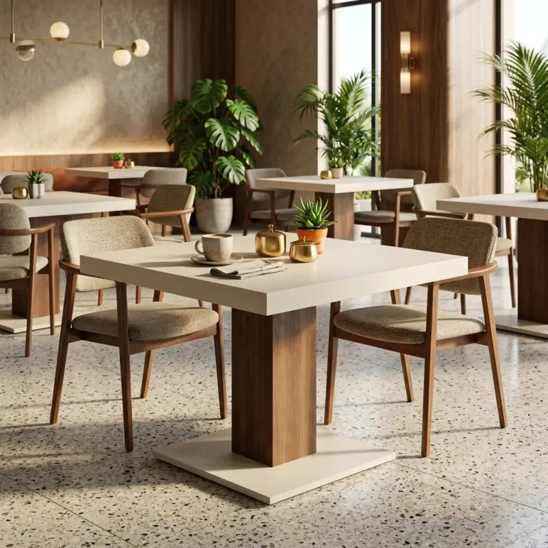 Meja Cafe Pedestal Top Microcement Kaki Kayu Solid [5]