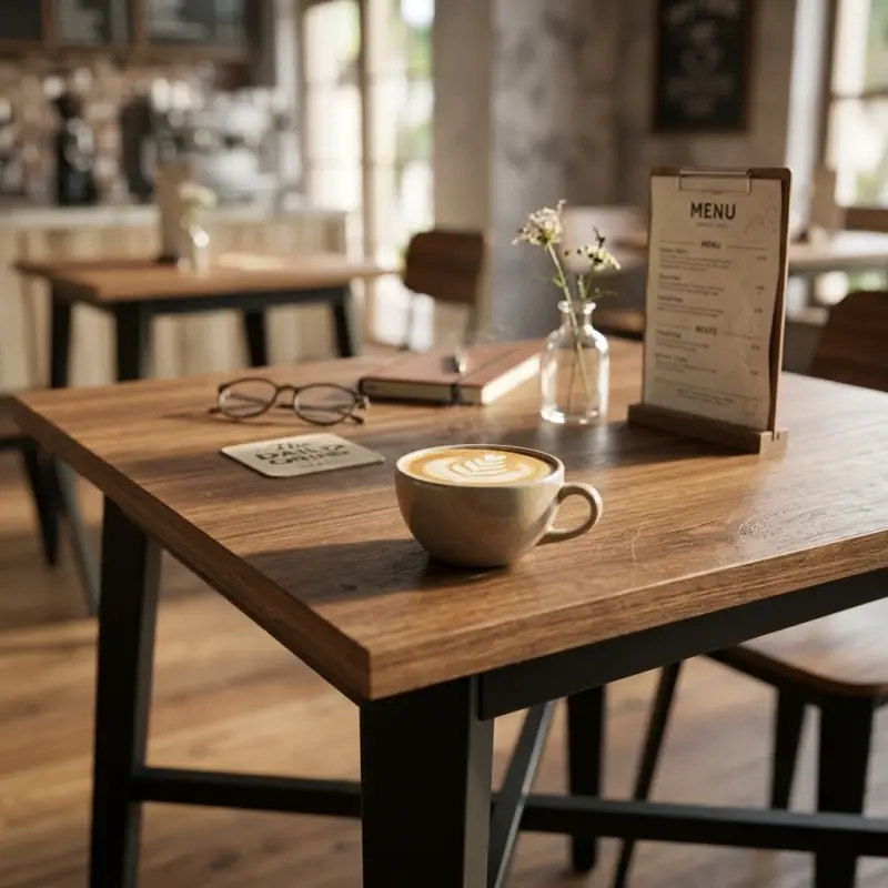 Meja Cafe Persegi Top Kayu Rangka Besi Hitam [3]