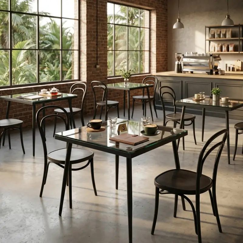 Meja Cafe Rangka Besi Kaki Lancip Top Kaca Bening [3]
