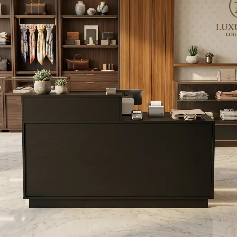 Meja Kasir Dua Level Woodgrain Hitam [2]