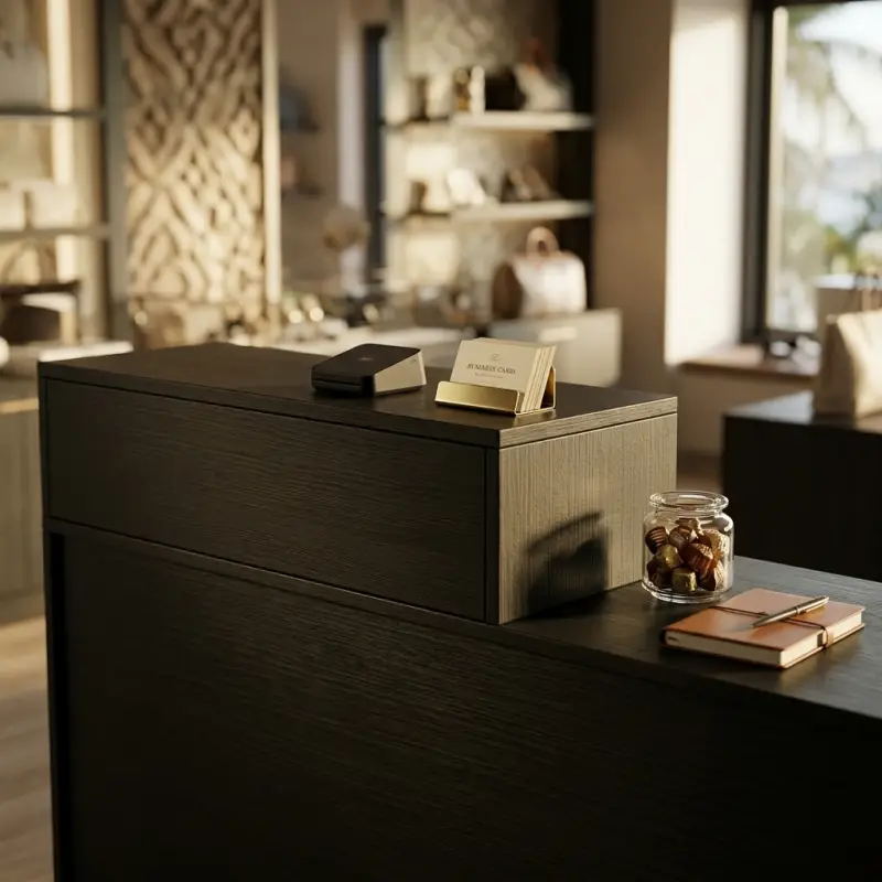 Meja Kasir Dua Level Woodgrain Hitam [4]