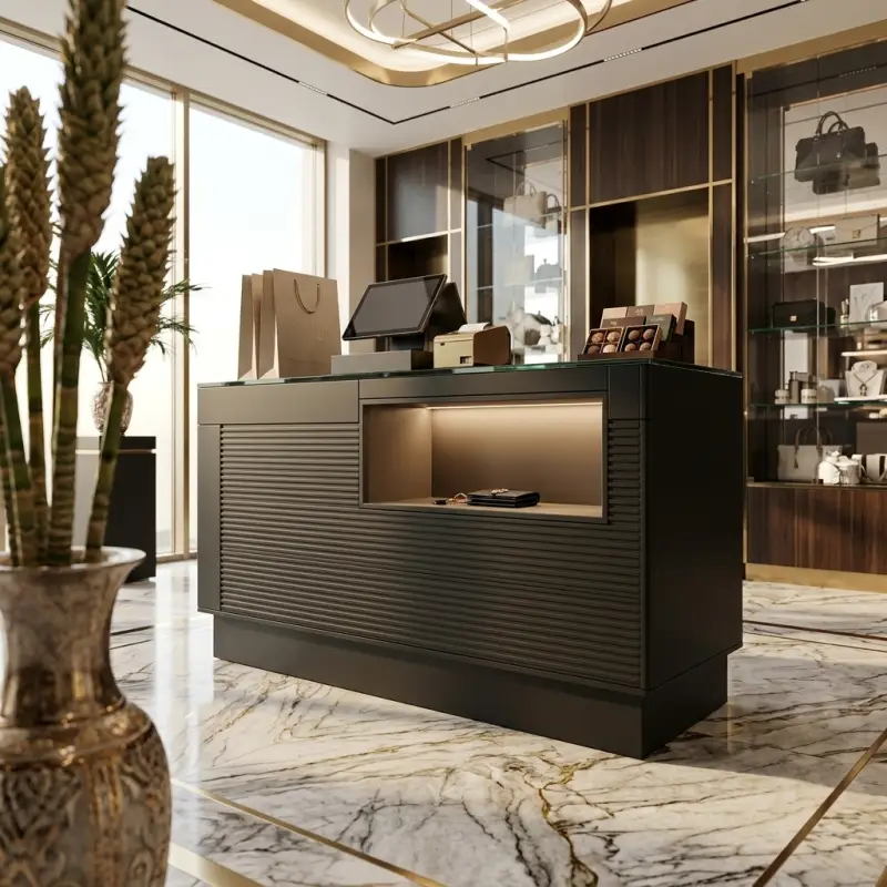 Meja Kasir Fluted Panel dengan Niche Display Berlampu [2]