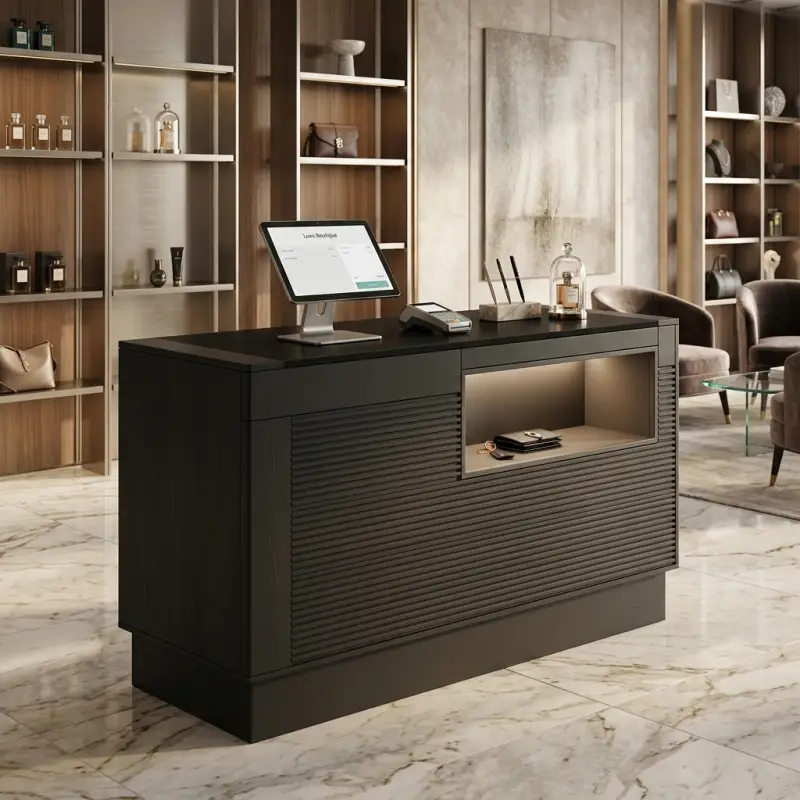 Meja Kasir Fluted Panel dengan Niche Display Berlampu [4]