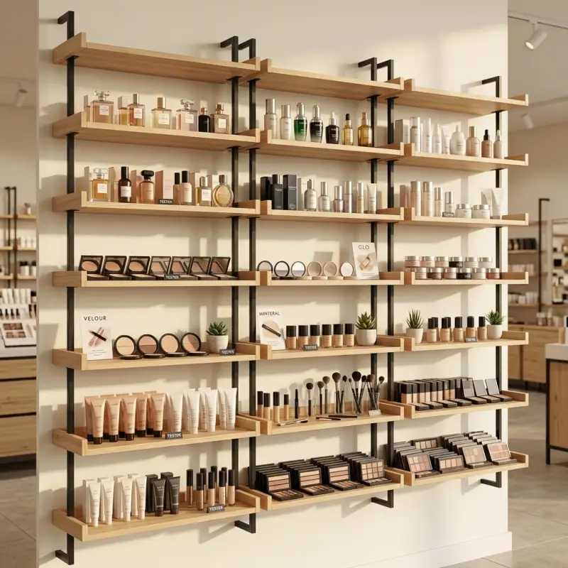 Rak Display Dinding Kayu Besi untuk Toko Kosmetik dan Retail [2]