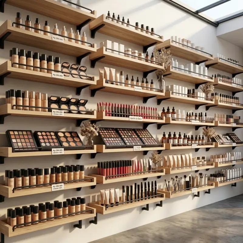 Rak Display Dinding Kayu Besi untuk Toko Kosmetik dan Retail [3]