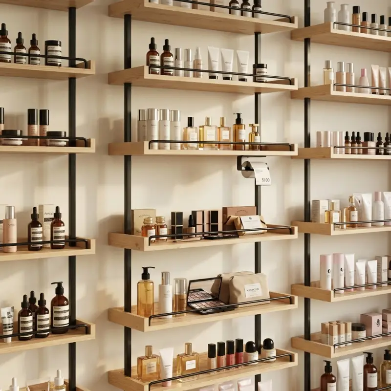Rak Display Dinding Kayu Besi untuk Toko Kosmetik dan Retail [4]