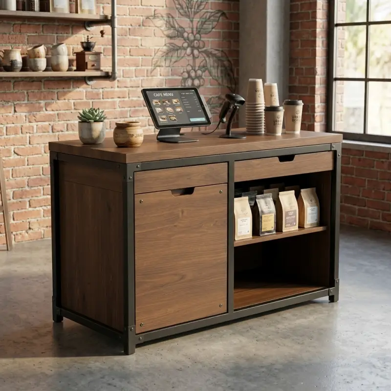 Meja Kasir Industrial Kayu Walnut Rangka Besi [4]