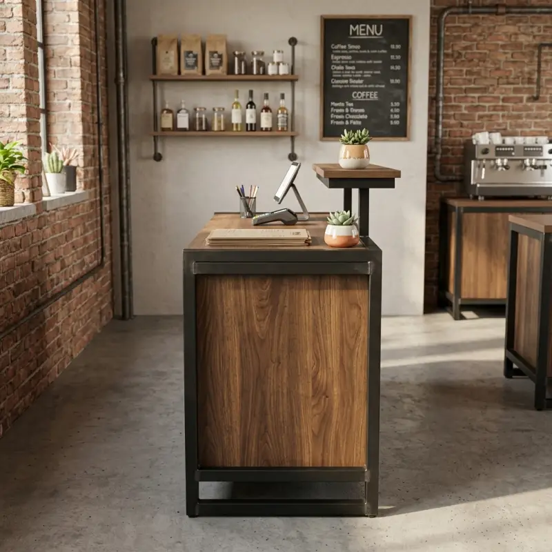 Meja Kasir Industrial Kayu Walnut Rangka Besi dengan Rak Monitor [3]