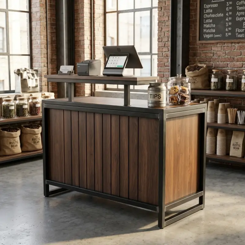 Meja Kasir Industrial Kayu Walnut Rangka Besi dengan Rak Monitor [4]