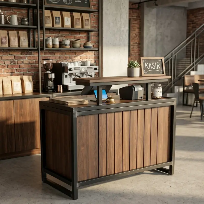 Meja Kasir Industrial Kayu Walnut Rangka Besi dengan Rak Monitor [5]