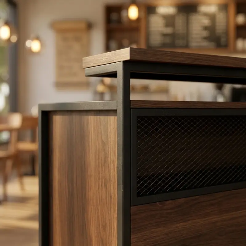 Meja Kasir Industrial Rangka Besi Mesh Panel Kayu [3]