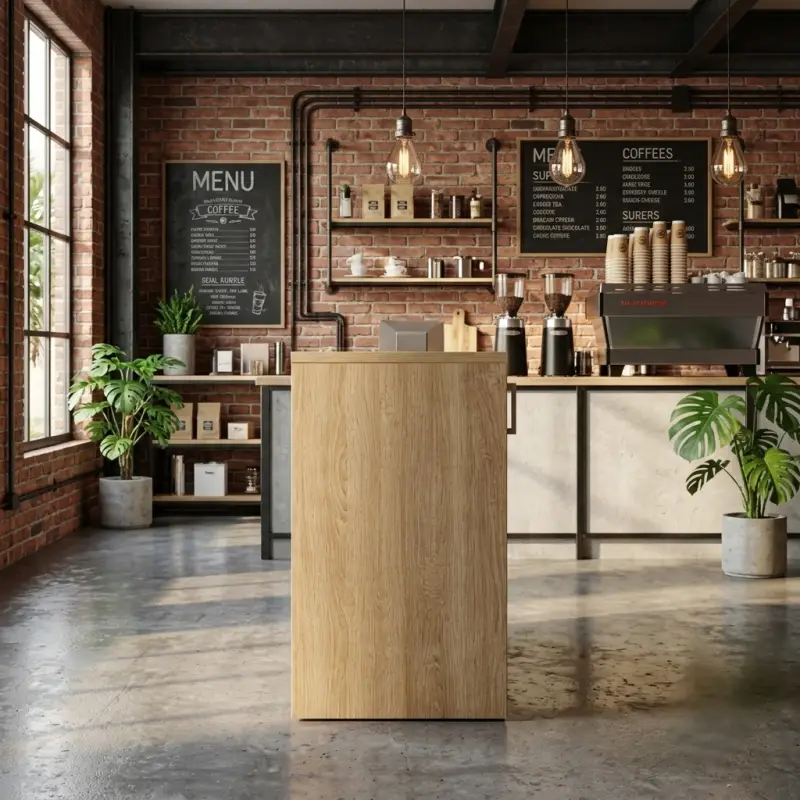 Meja Kasir Kayu Oak dengan Rak Terbuka dan Pintu Lemari [3]