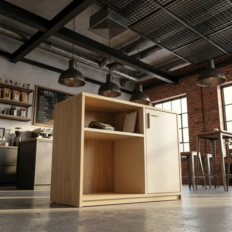 Meja Kasir Kayu Oak dengan Rak Terbuka dan Pintu Lemari [5]