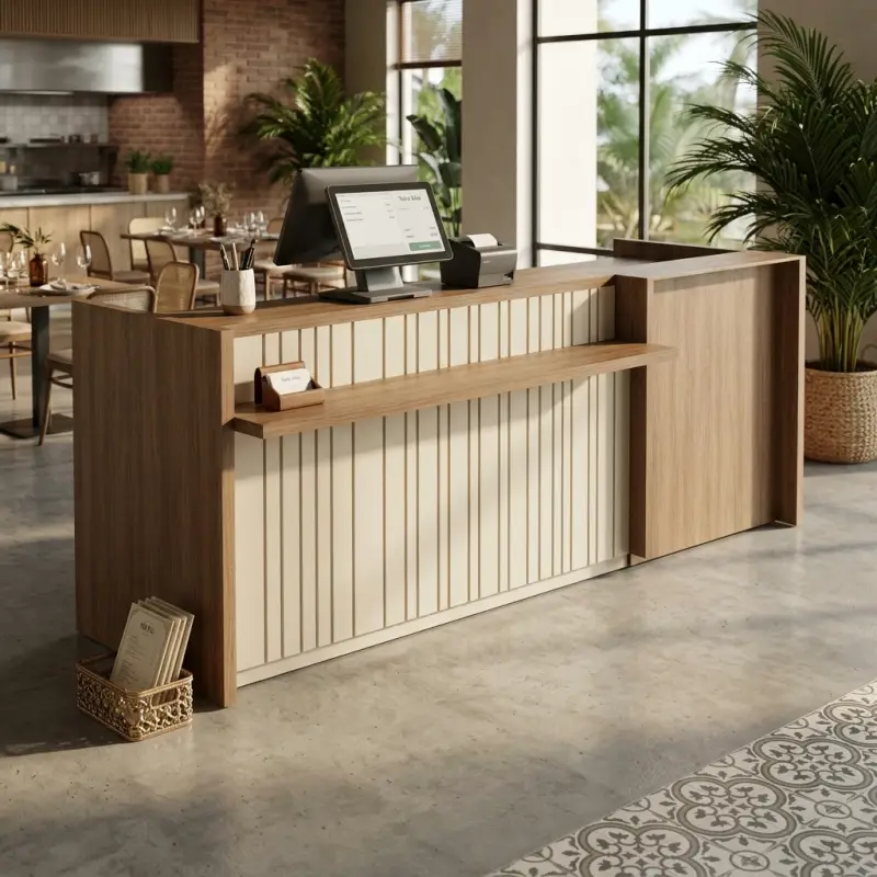 Meja Kasir Kayu Scandinavian dengan Rak Tengah dan Panel Slatwall [2]