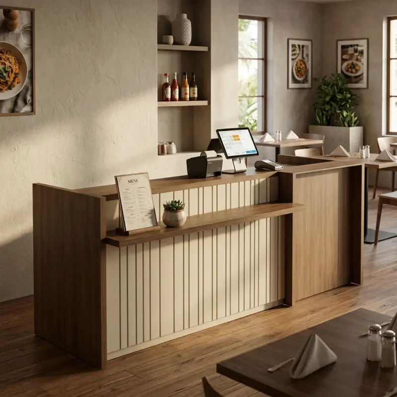 Meja Kasir Kayu Scandinavian dengan Rak Tengah dan Panel Slatwall [3]