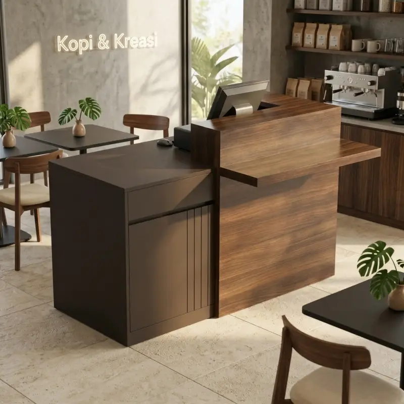 Meja Kasir Kombinasi Kayu Walnut dan Metal untuk Cafe [2]