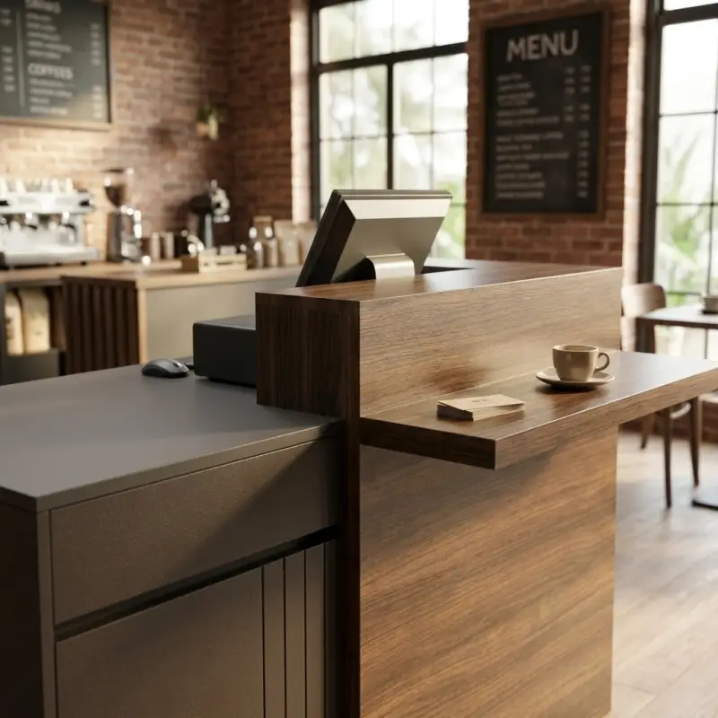 Meja Kasir Kombinasi Kayu Walnut dan Metal untuk Cafe [3]