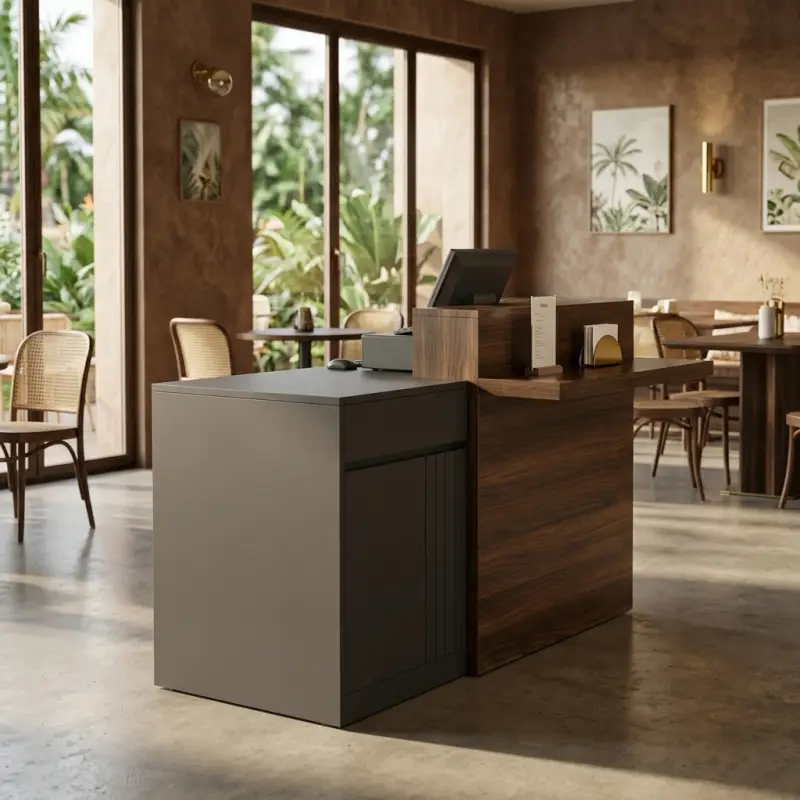 Meja Kasir Kombinasi Kayu Walnut dan Metal untuk Cafe [5]