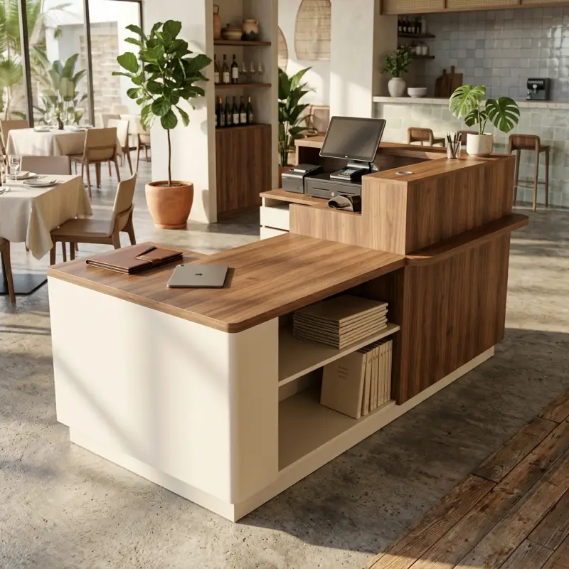 Meja Kasir L-Shape Finishing Walnut & Doff Putih [3]