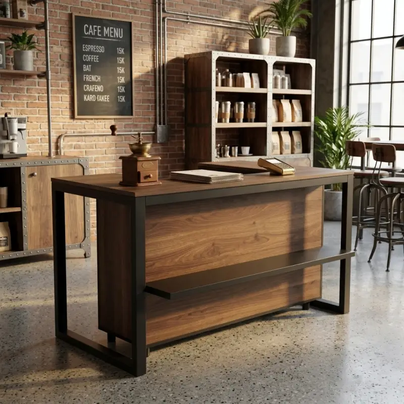 Meja Kasir L-Shape Rangka Besi Finishing Walnut [2]