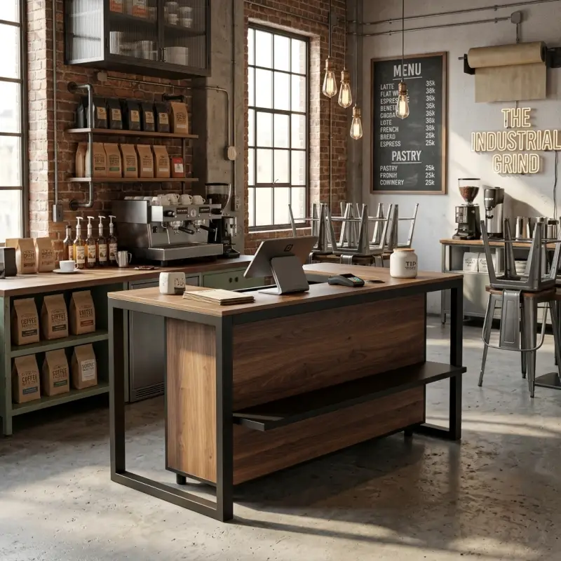 Meja Kasir L-Shape Rangka Besi Finishing Walnut [4]