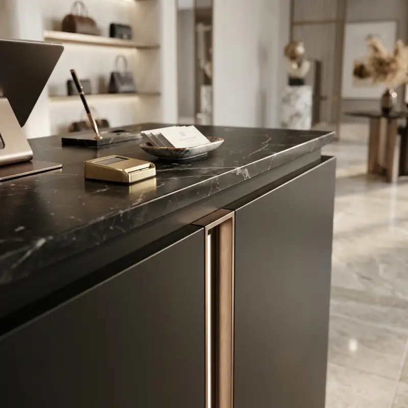 Meja Kasir Marble Top Finishing Matte Black dengan Aksen Rose Gold [4]