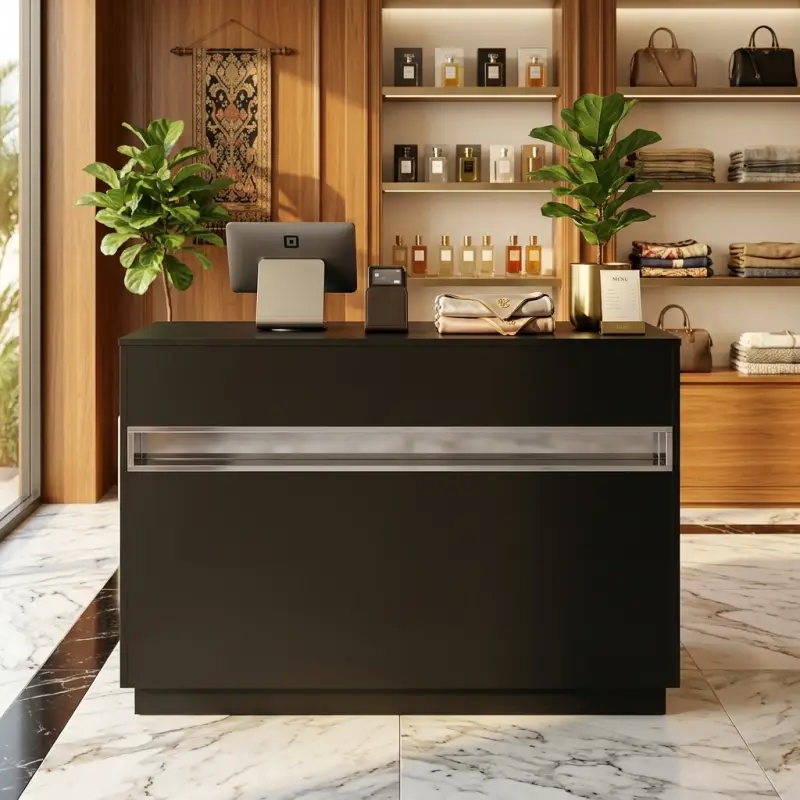 Meja Kasir Minimalis Finishing Matte Hitam dengan Railing Stainless [2]