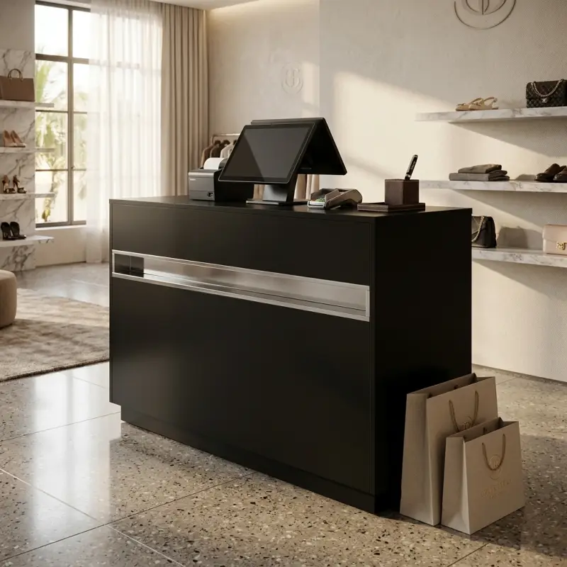 Meja Kasir Minimalis Finishing Matte Hitam dengan Railing Stainless [3]