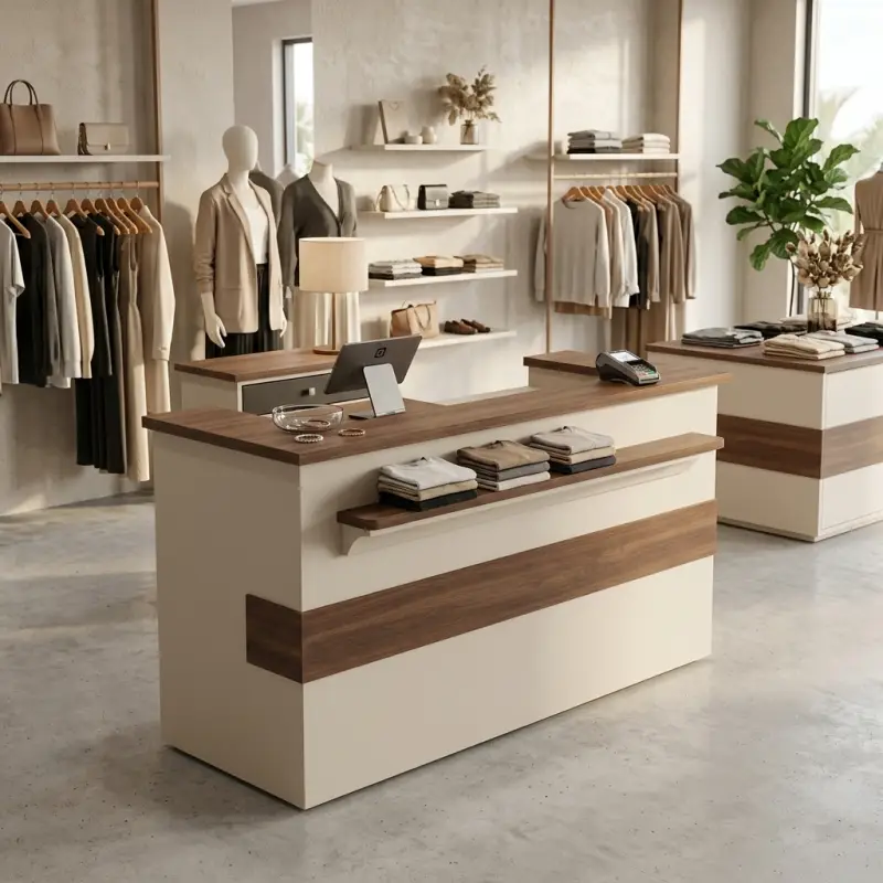 Meja Kasir Minimalis Kombinasi Kayu Walnut dan Panel Putih [3]