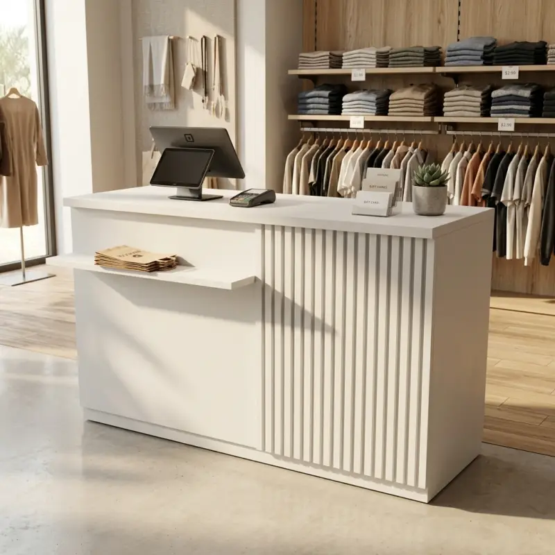 Meja Kasir Minimalis Slat Panel dengan Rak Display [2]