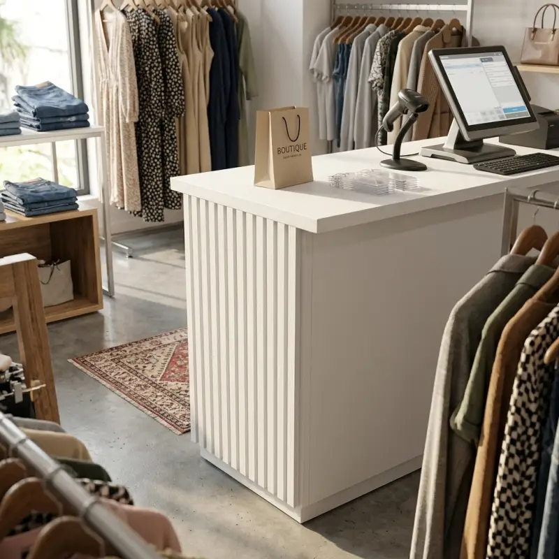Meja Kasir Minimalis Slat Panel dengan Rak Display [3]