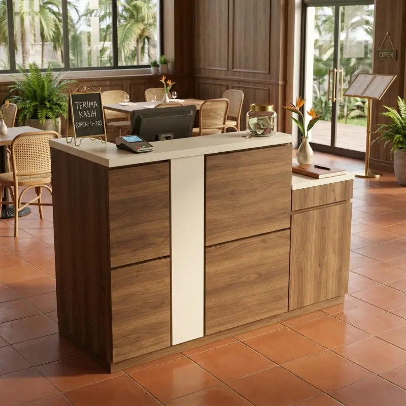 Meja Kasir Restoran Woodgrain Dua Level [2]