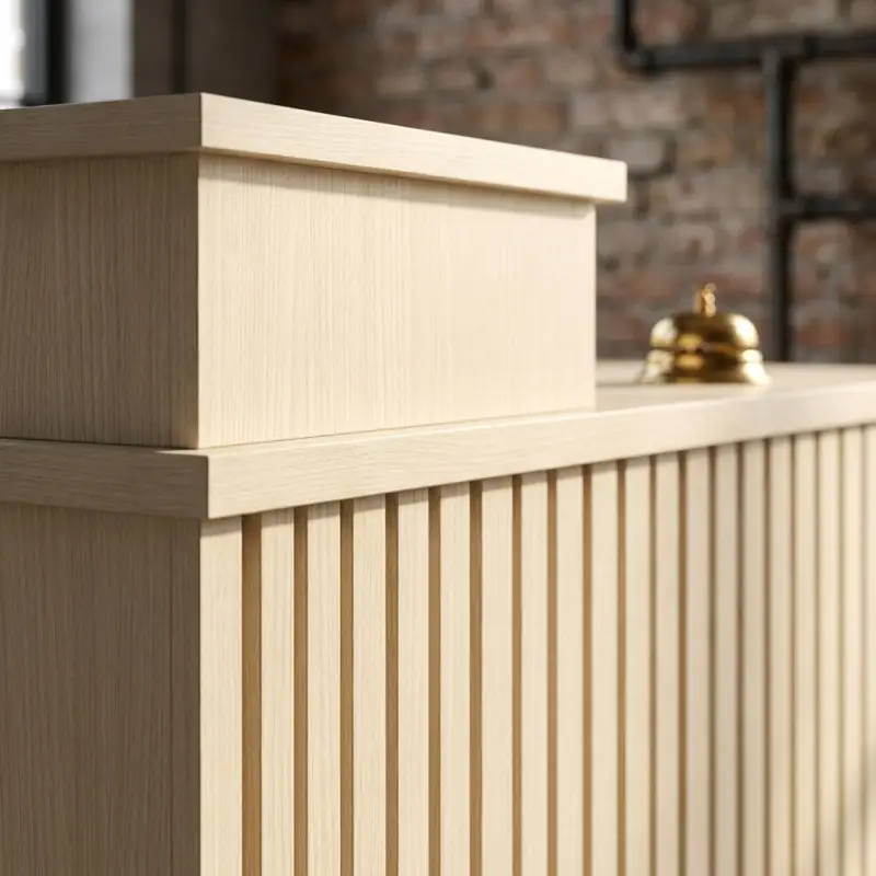 Meja Kasir Slat Panel Dua Level Finishing Natural Oak [3]