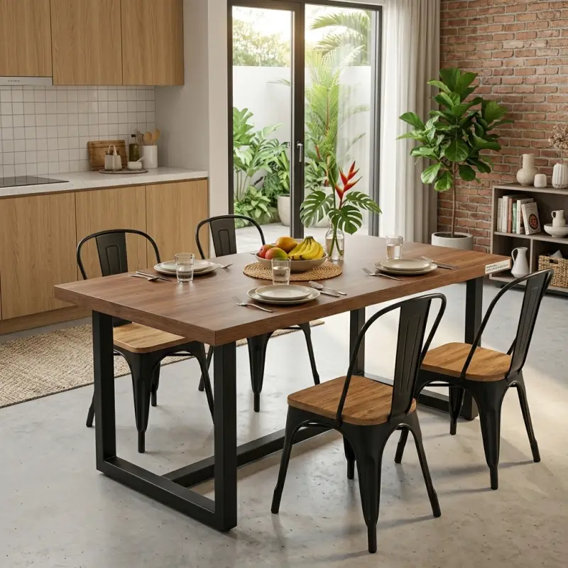 Meja Makan Industrial Rangka Besi U-Frame Top Kayu [4]