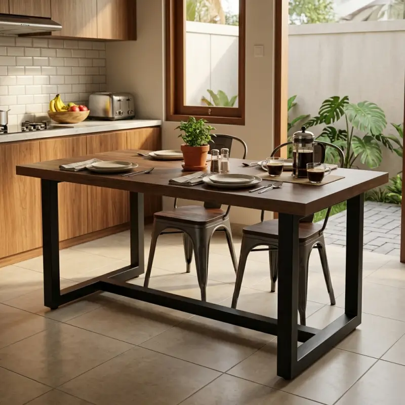 Meja Makan Industrial Rangka Besi U-Frame Top Kayu [5]